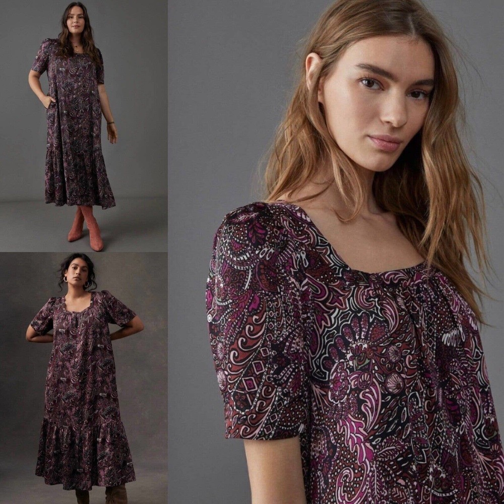Maeve Anthropologie Midi Dress Paisley Tiered S Boho Cottagecore Prairie Artsy - Picture 2 of 8